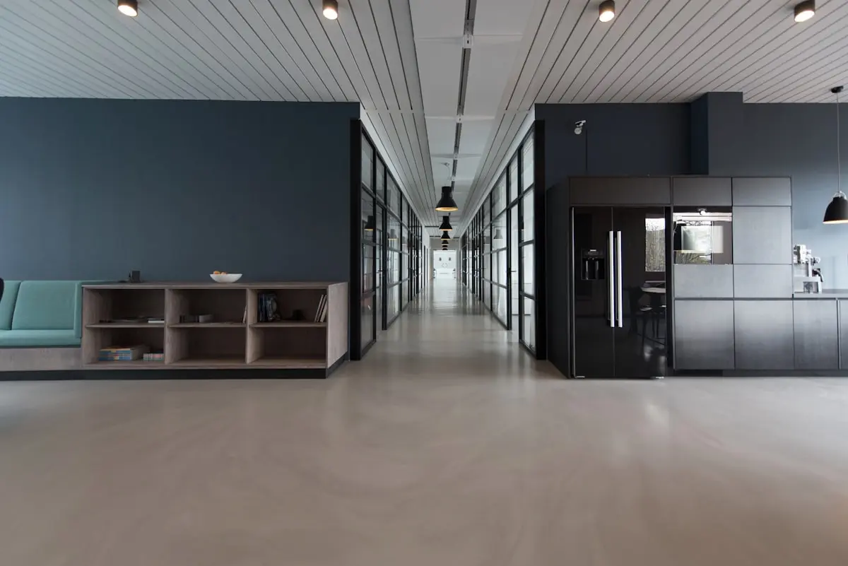 A bright open-plan office with plants, soft daylight and shared workstations